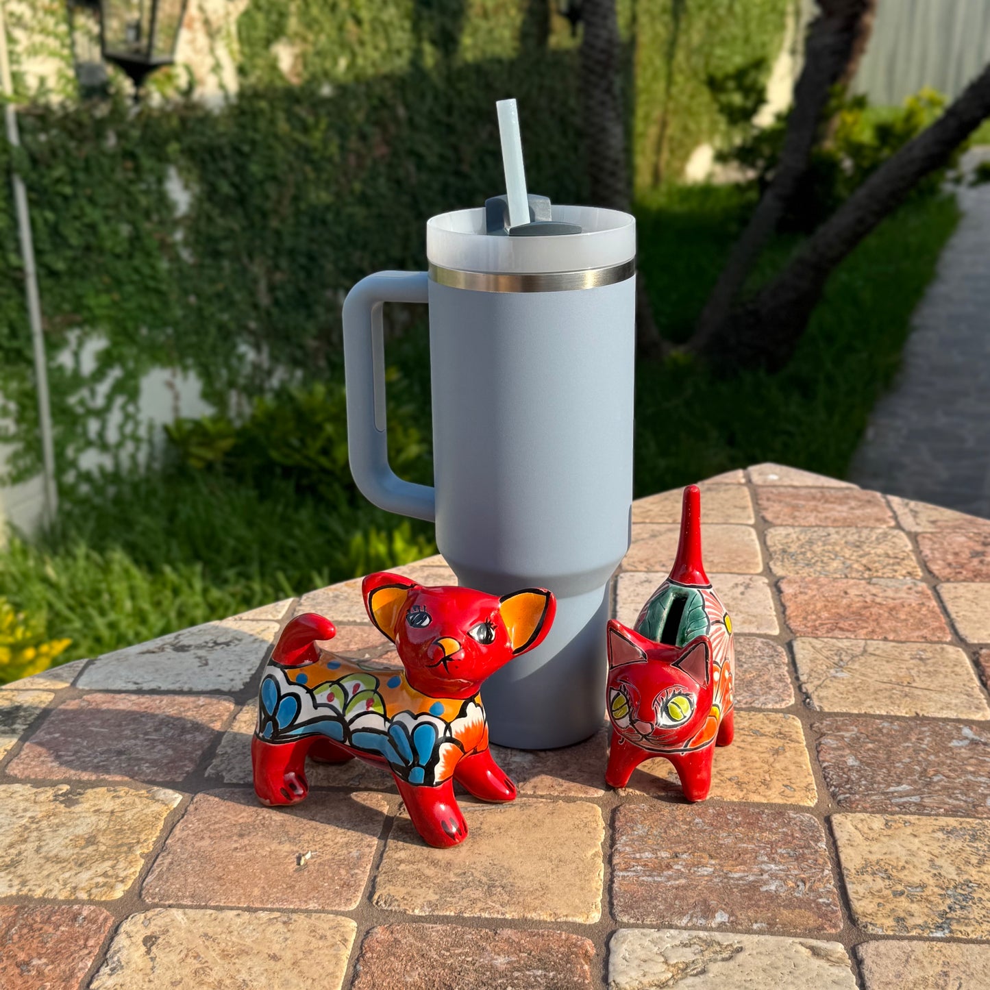 Talavera ceramic chihuahua dog and ceramic ring holder cat duo | Handmade in Mexico | bedroom decor | Outdoor and patio decor |