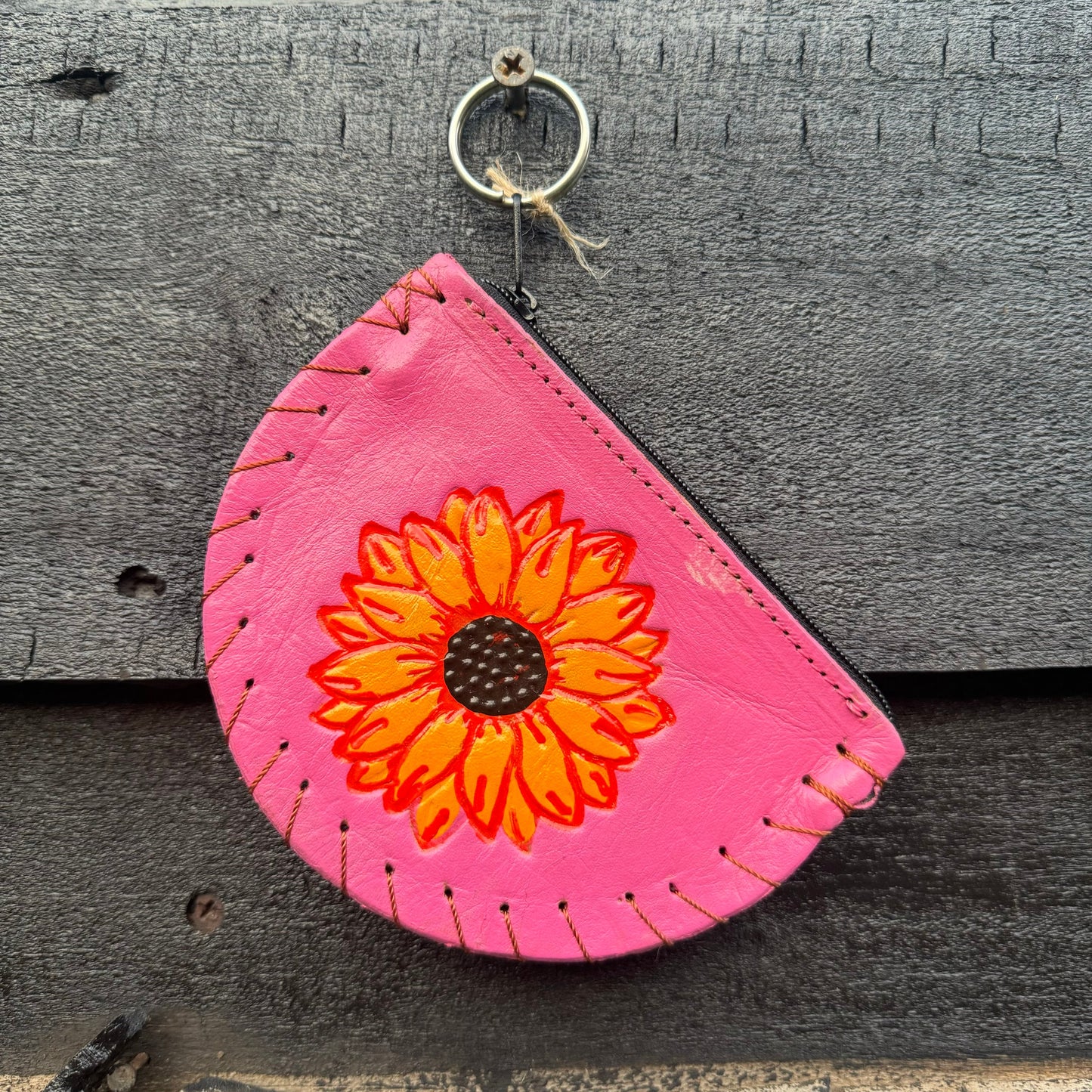 Half Moon Mexican Leather Hand Made "Monedero" Coin Purse Accessory Authentic Floral Stitching Sunflower Pink and Purple