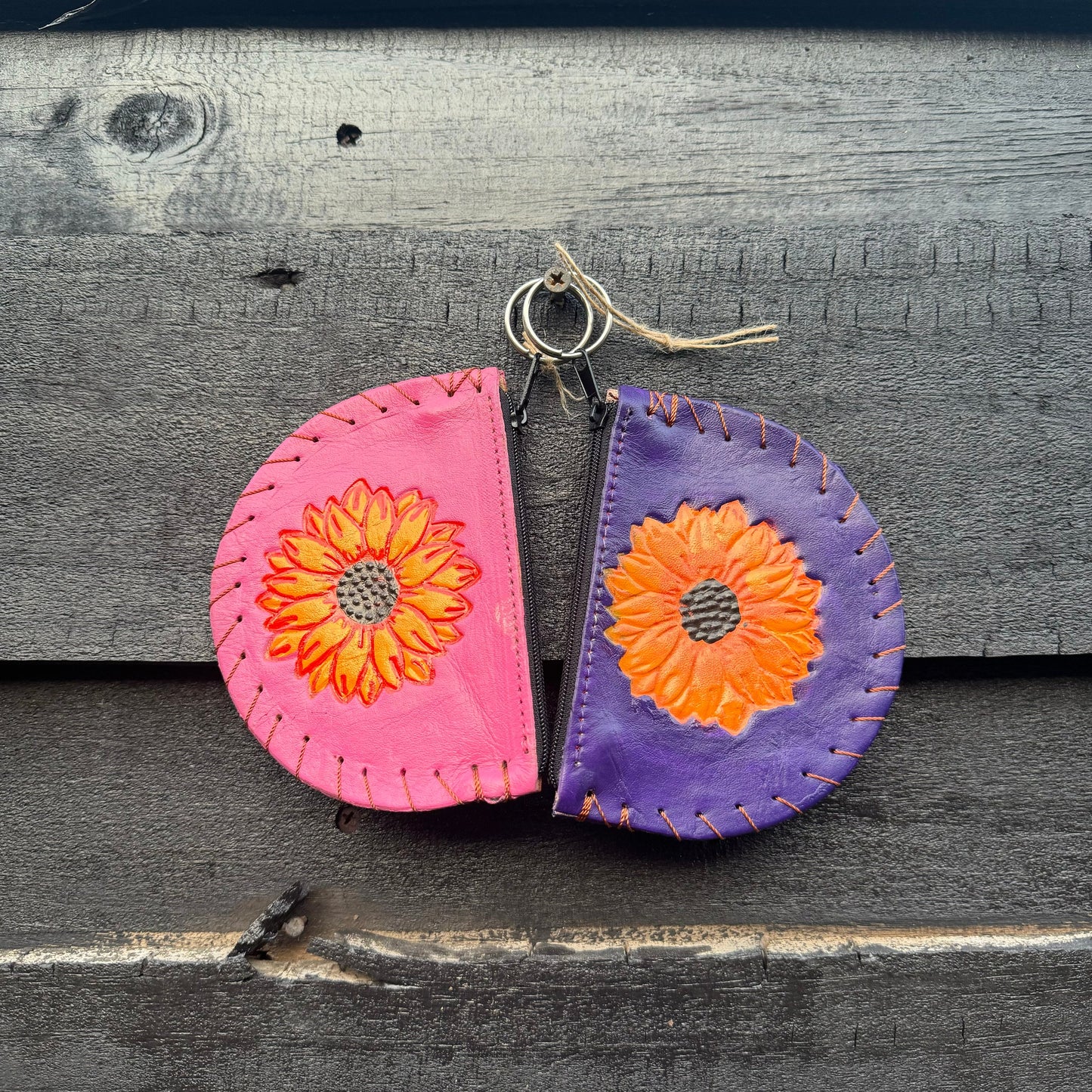 Half Moon Mexican Leather Hand Made "Monedero" Coin Purse Accessory Authentic Floral Stitching Sunflower Pink and Purple