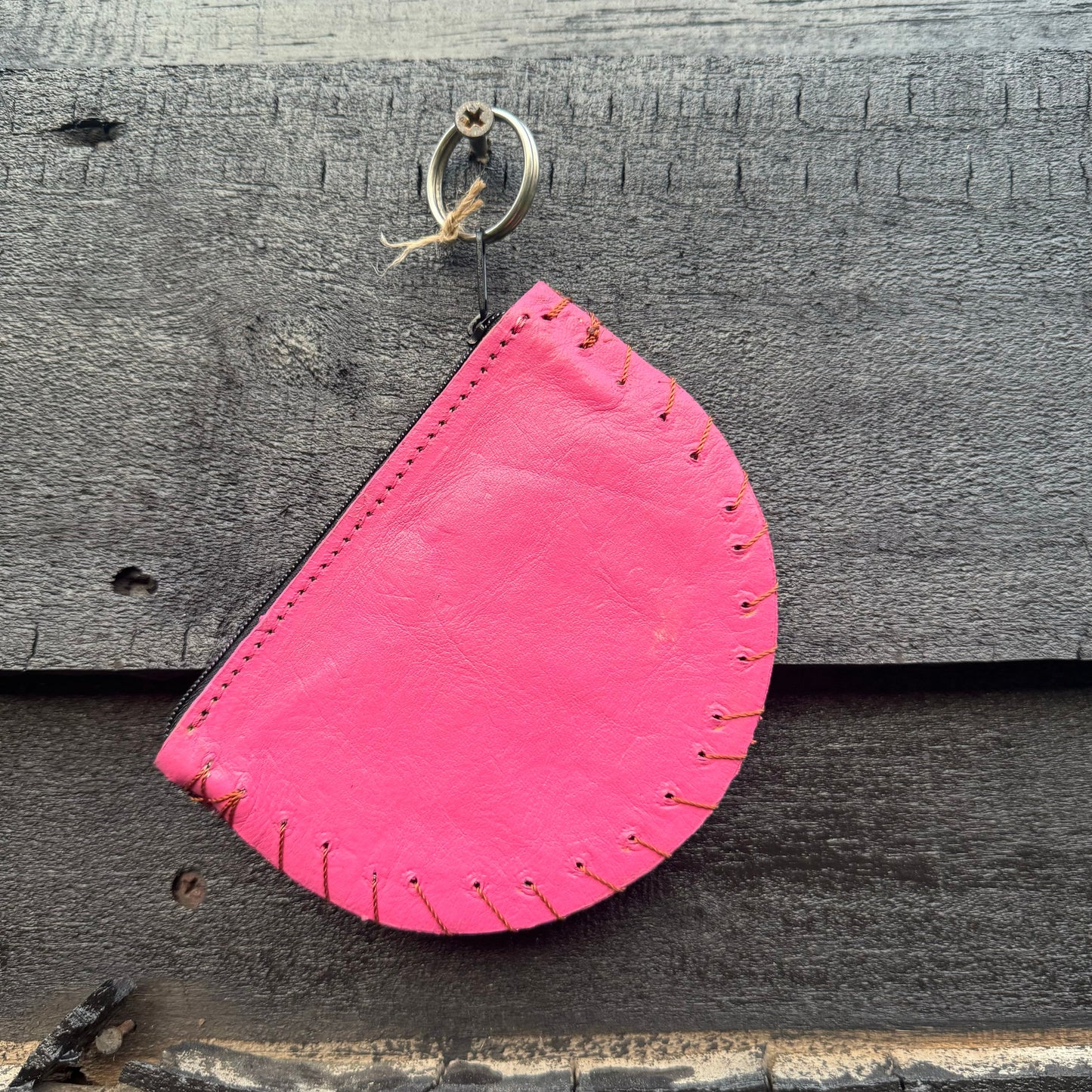 Half Moon Mexican Leather Hand Made "Monedero" Coin Purse Accessory Authentic Floral Stitching Sunflower Pink and Purple
