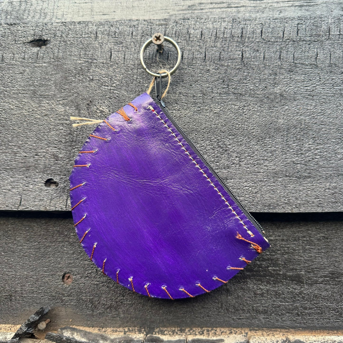 Half Moon Mexican Leather Hand Made "Monedero" Coin Purse Accessory Authentic Floral Stitching Sunflower Pink and Purple