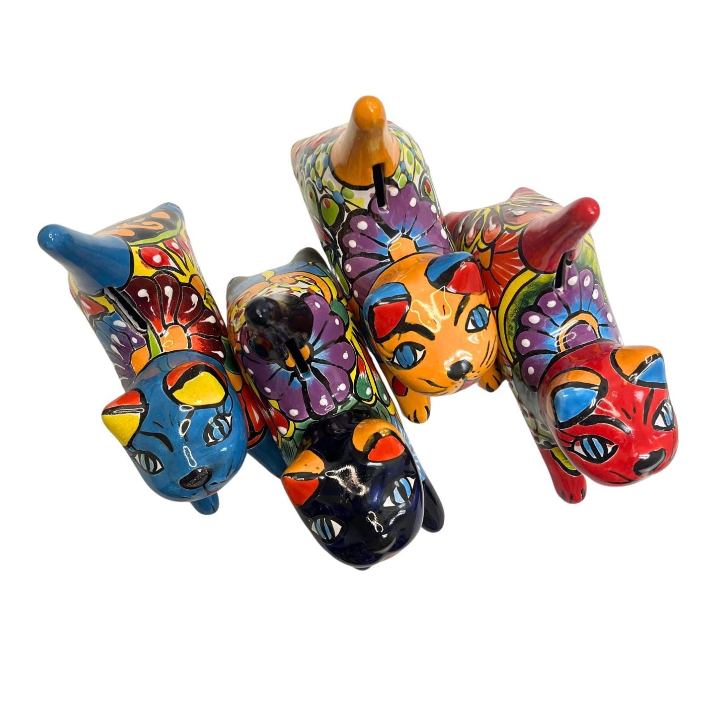 Ceramic Stretching Cute Cat Ring Holder & Coin Bank Talavera Mexican Pottery Kitten Statue Figurine Gift for Cat Lovers Jewelry Ring