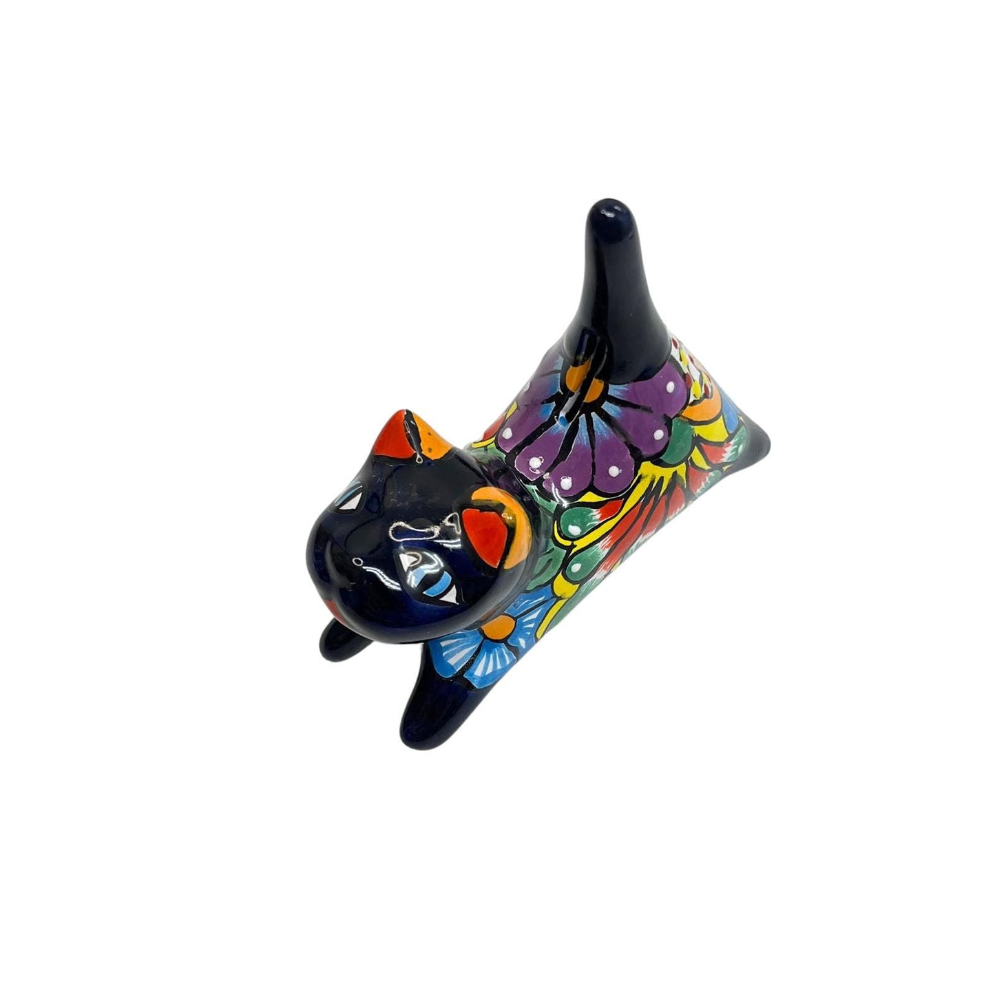 Ceramic Stretching Cute Cat Ring Holder & Coin Bank Talavera Mexican Pottery Kitten Statue Figurine Gift for Cat Lovers Jewelry Ring