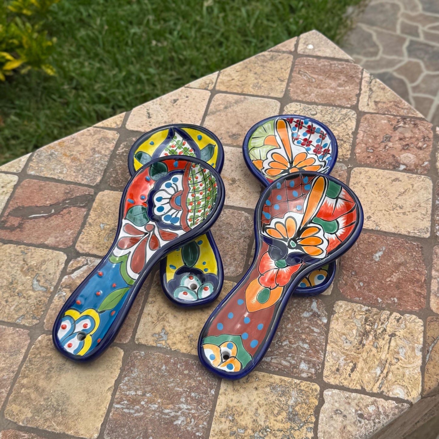 Talavera spoon rest | Handmade in Mexico | Painted ceramic floral design | Added eyelet for hanging