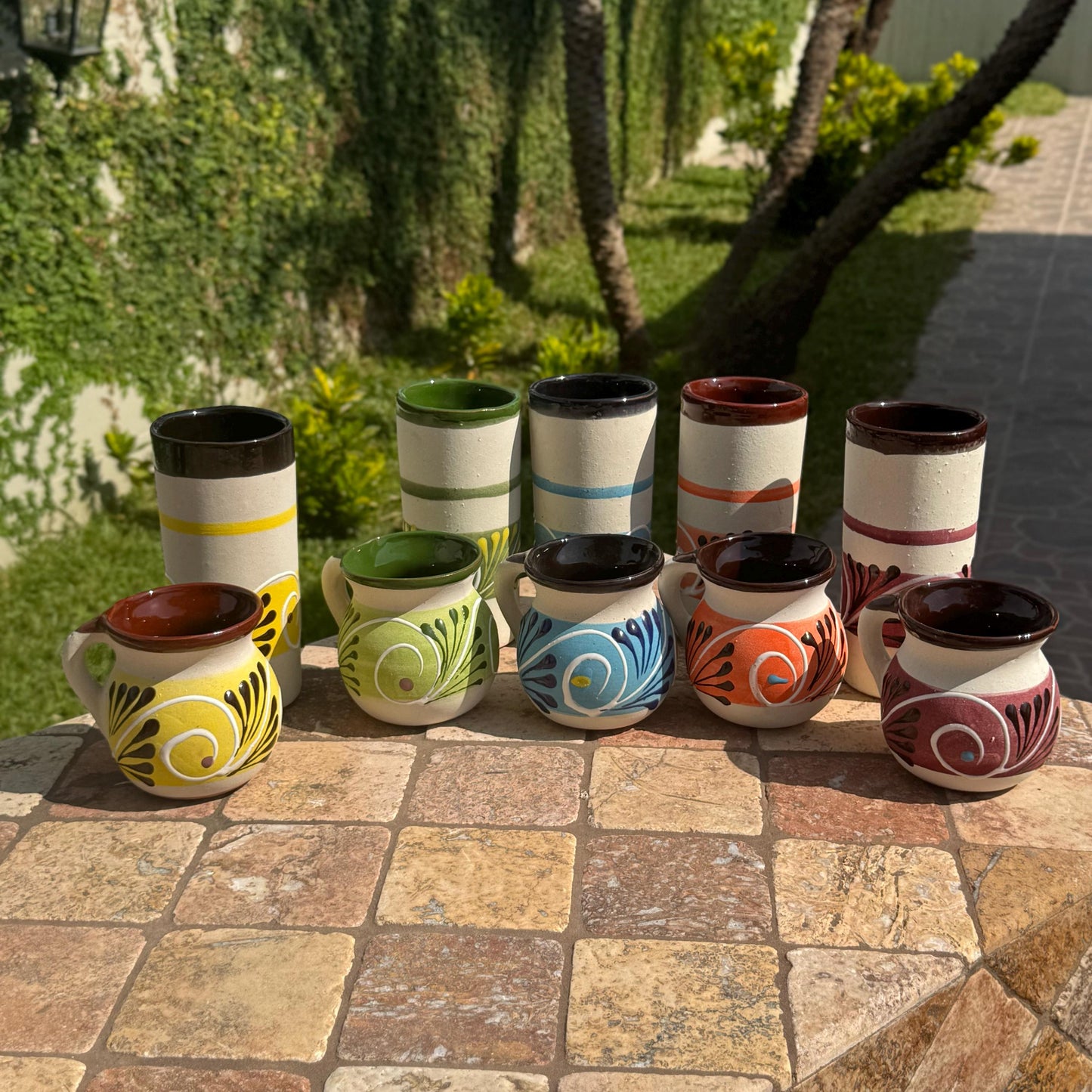 Mexican clay mugs and tall glass duo | Handmade in Mexico | Pottery | Kitchen | Coffee and tea mug | Tall water glass