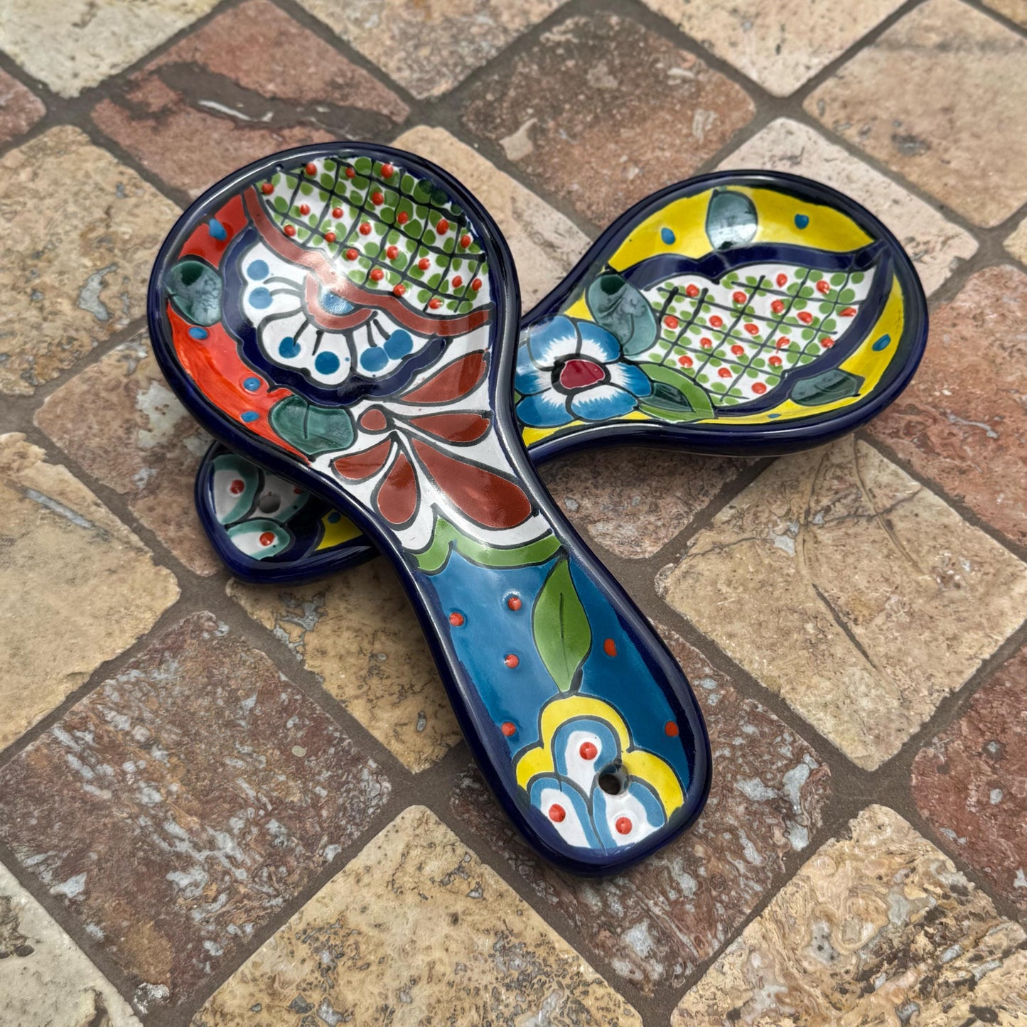 Talavera spoon rest | Handmade in Mexico | Painted ceramic floral design | Added eyelet for hanging
