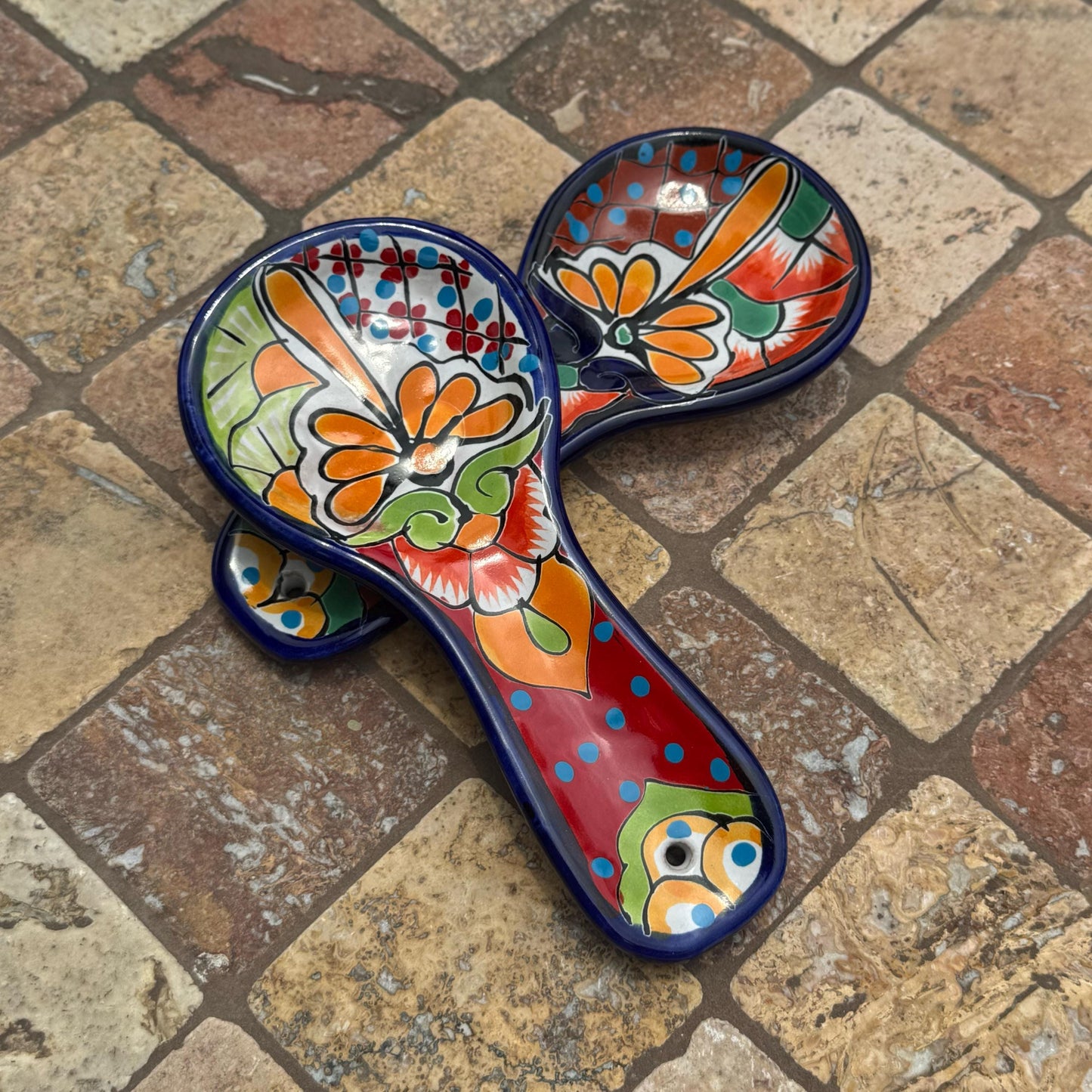 Talavera spoon rest | Handmade in Mexico | Painted ceramic floral design | Added eyelet for hanging