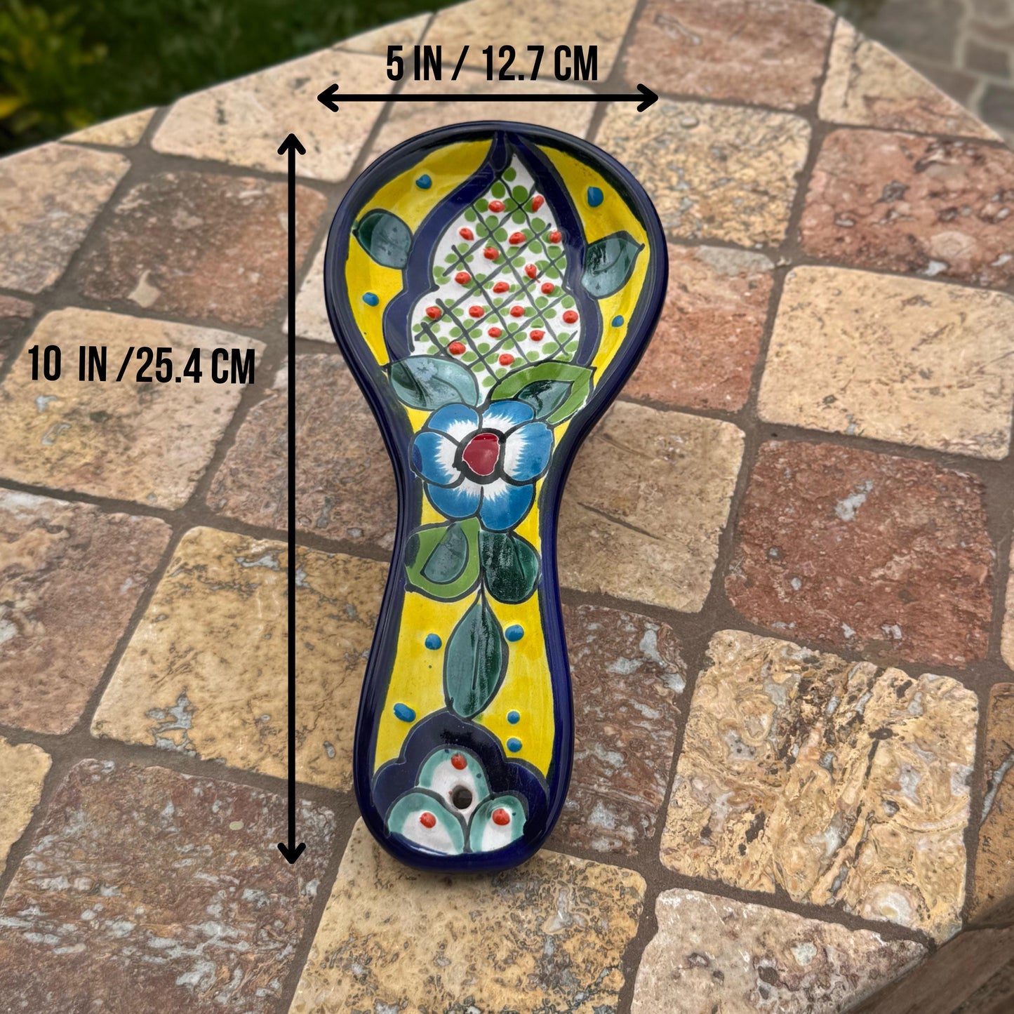 Talavera spoon rest | Handmade in Mexico | Painted ceramic floral design | Added eyelet for hanging