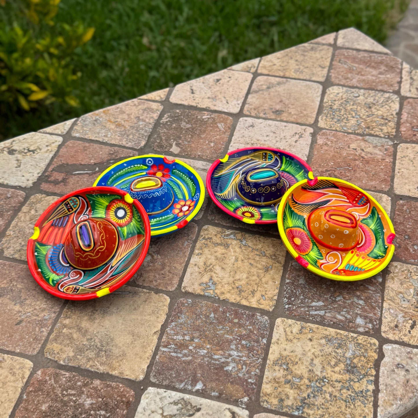 Mexican sombrero Ashtrays | Handmade and hand painted in Mexico | Colorful and vibrant talavera ashtrays | Party favors