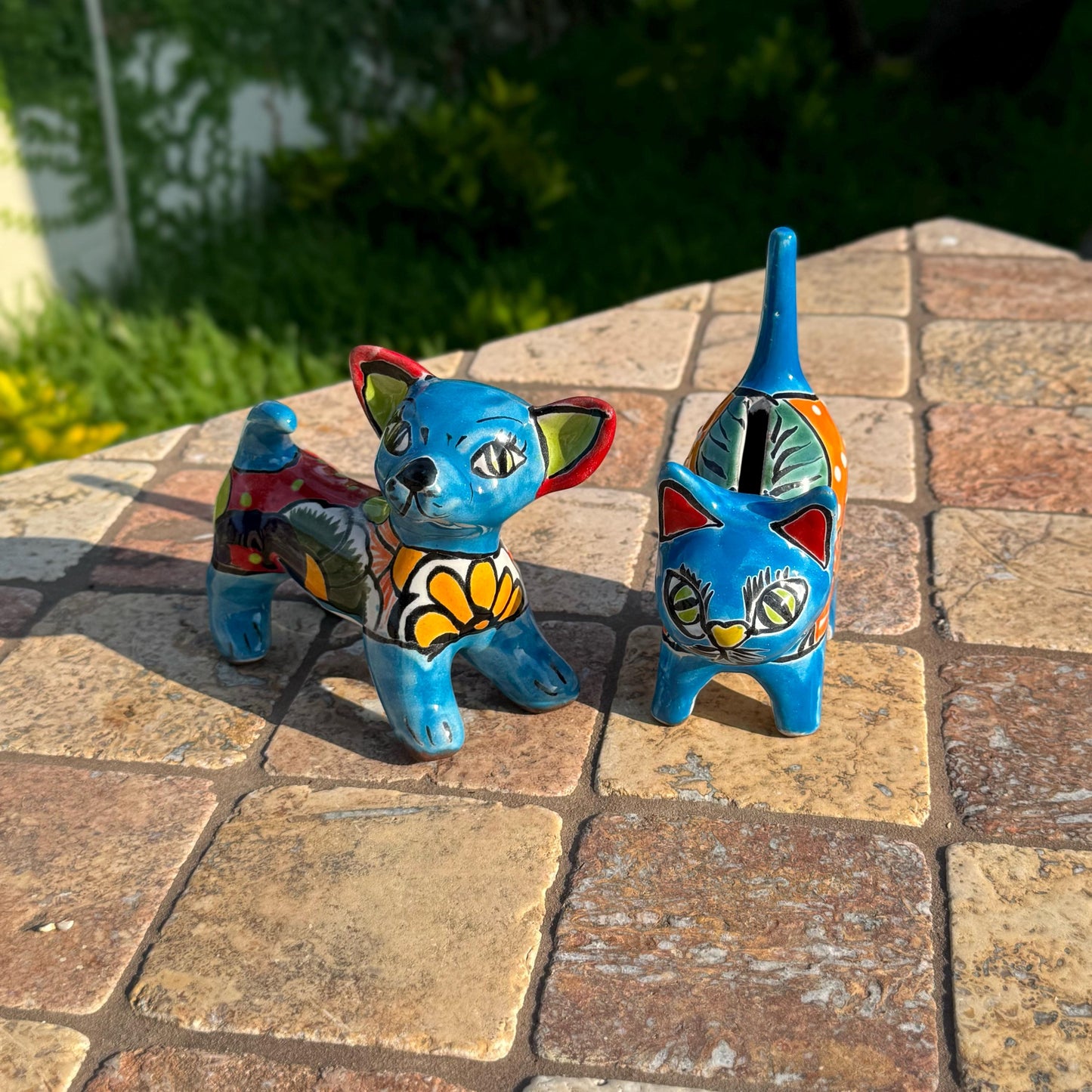 Talavera ceramic chihuahua dog and ceramic ring holder cat duo | Handmade in Mexico | bedroom decor | Outdoor and patio decor |