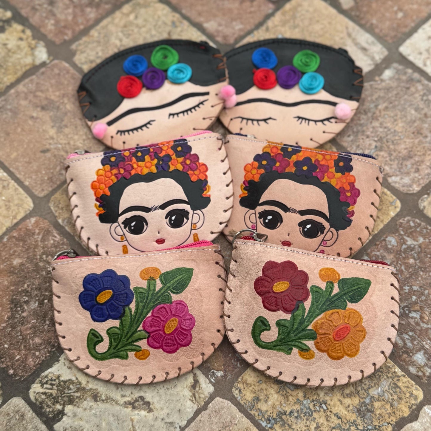 Frida kahlo and floral 5 in. leather purses | Handmade in Mexico | Coin purse | everyday use | bag