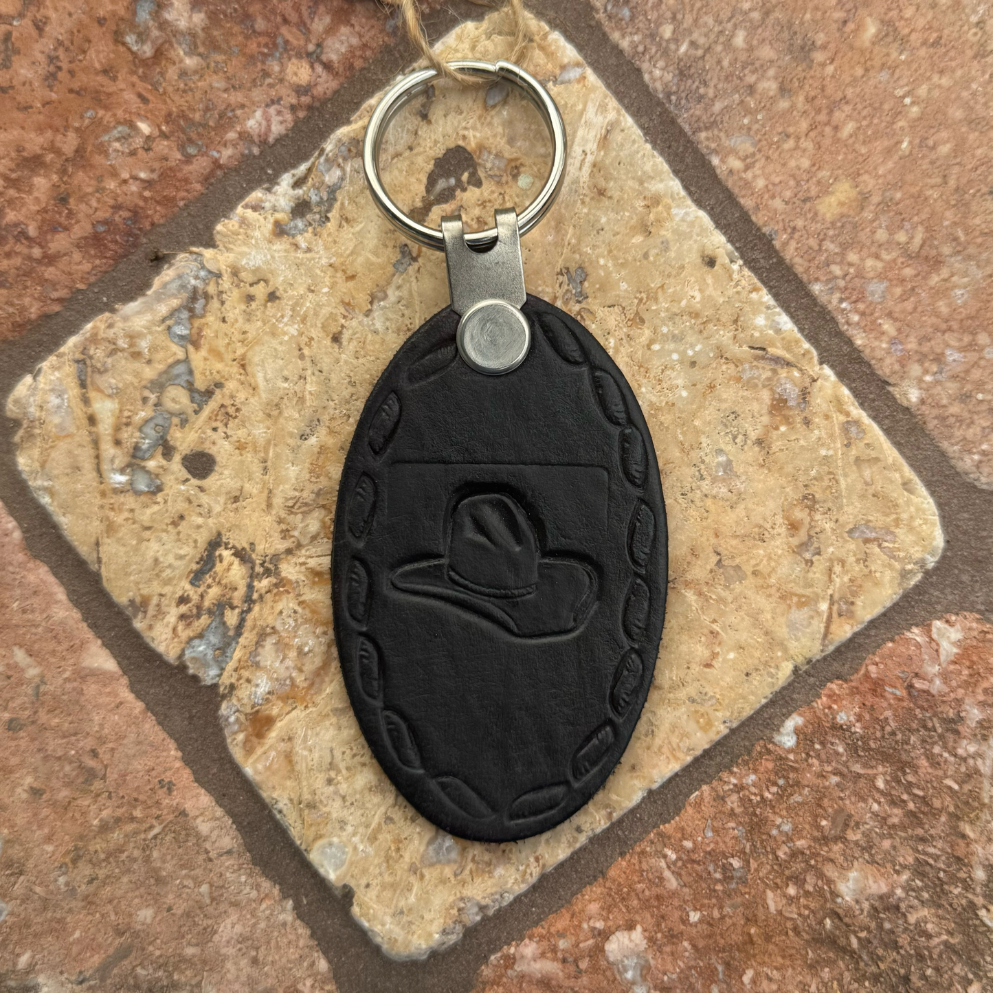 Handcrafted Leather Oval keychain | Horse, Eagle, Deer, Cowboy hat, and Horse head embedded options available | Hand stamped in Mexico