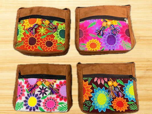 Traditional Mexican Gamuza Embroidered Cross Over Shoulder Bag Hand Embroidered. Bold Colors Great Quality Cross body City Bag Pueblo