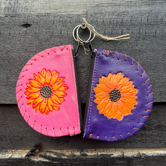Half Moon Mexican Leather Hand Made "Monedero" Coin Purse Accessory Authentic Floral Stitching Sunflower Pink and Purple