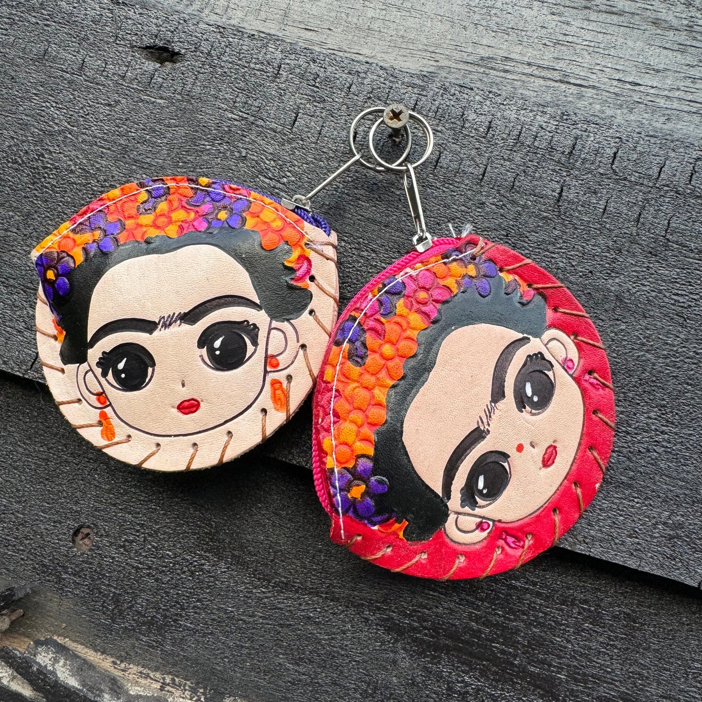 Frida Kahlo Inspired & Floral Coin Authentic Leather Purses Unique Designs! 4 Inches