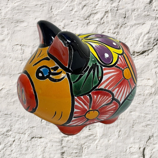 Tierra Bonita Clay Piggy Bank Colorful Hand Painted Coin Bank, Paper weight, Decoration traditional Mexican Good Luck