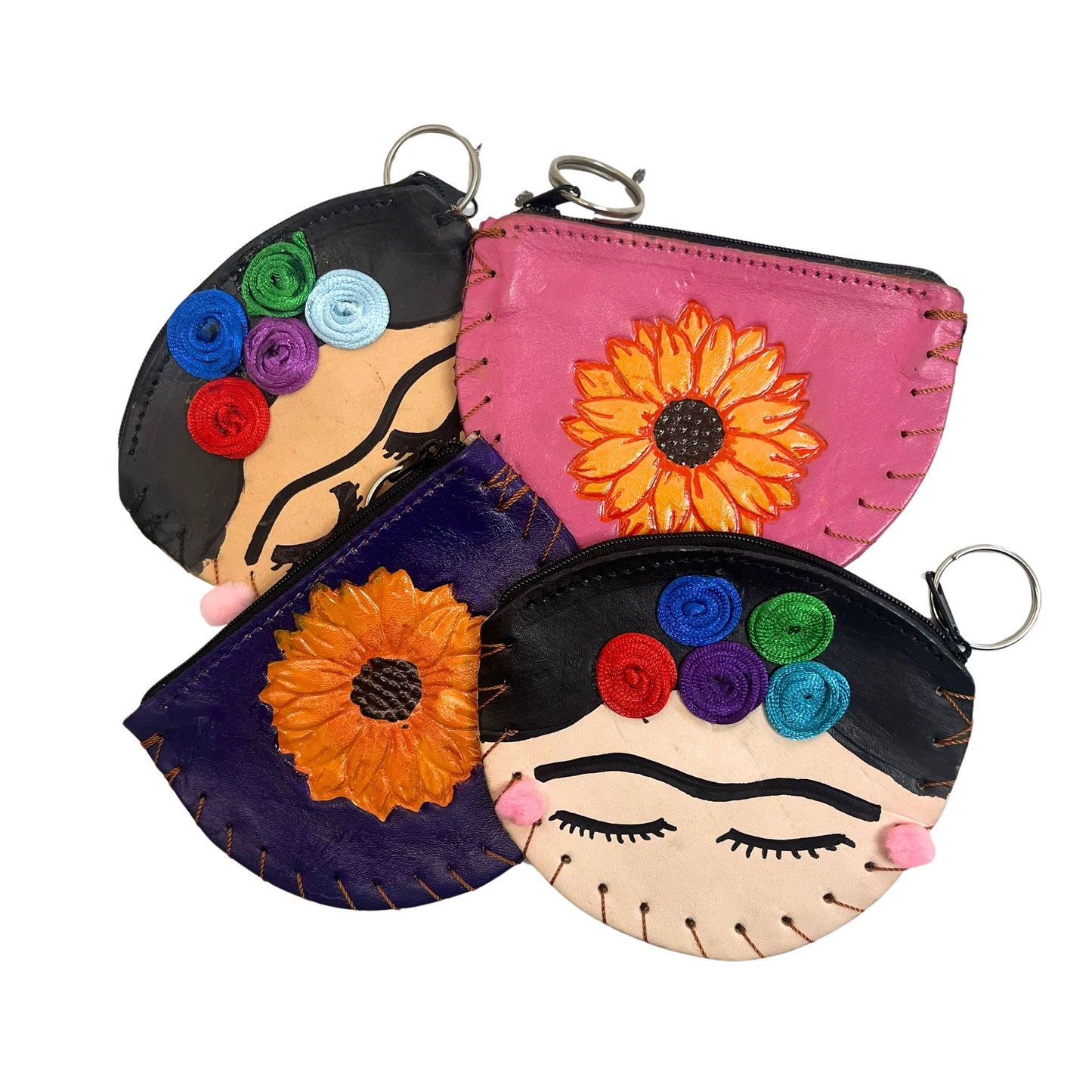 Frida Kahlo Inspired & Floral Coin Authentic Leather Purses Unique Designs! 5 Inches