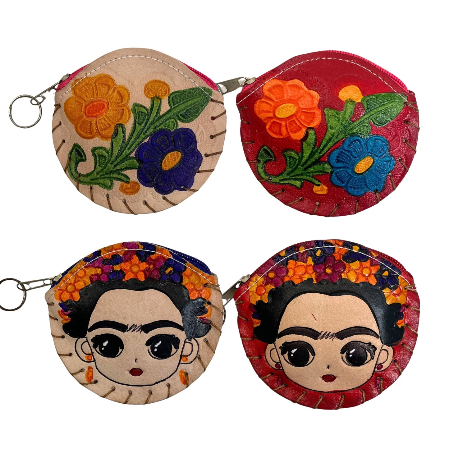 Frida Kahlo Inspired & Floral Coin Authentic Leather Purses Unique Designs! 4 Inches