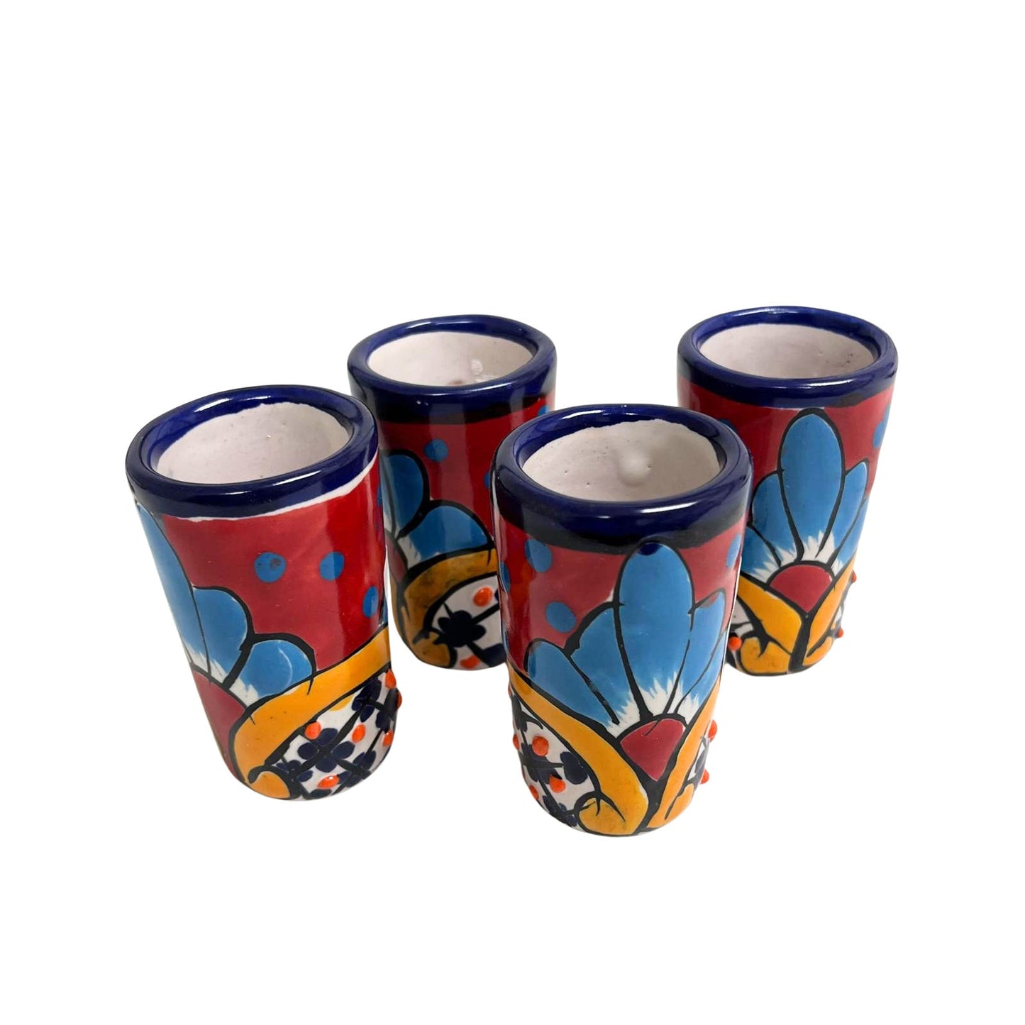 Talavera Shot Glasses Set of 4 Authentic Mexican Tequila Shot Glasses - Hand-painted - 2 Oz Blue Garden