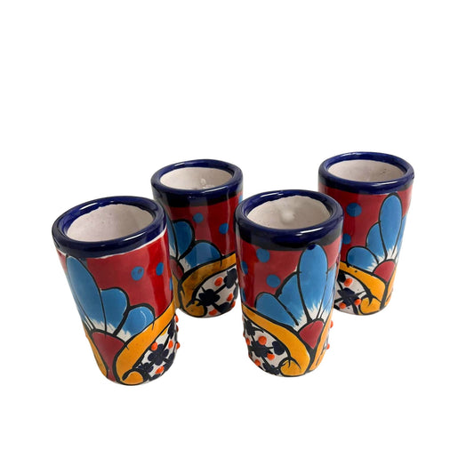 Talavera Shot Glasses Set of 4 Authentic Mexican Tequila Shot Glasses - Hand-painted - 2 Oz Blue Garden