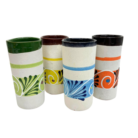 Set of 4 Ceramic Tumblers/Cups with Unique Hand Painted Colors Swirls and Floral 7 Inches Tall Lead Free Kitchen Gift