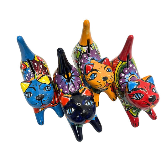 Ceramic Stretching Cute Cat Ring Holder & Coin Bank Talavera Mexican Pottery Kitten Statue Figurine Gift for Cat Lovers Jewelry Ring