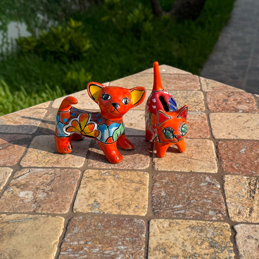Talavera ceramic chihuahua dog and ceramic ring holder cat duo | Handmade in Mexico | bedroom decor | Outdoor and patio decor |