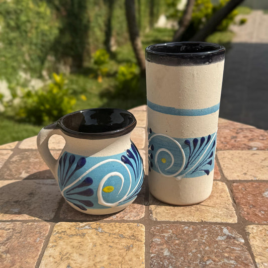 Mexican clay mugs and tall glass duo | Handmade in Mexico | Pottery | Kitchen | Coffee and tea mug | Tall water glass