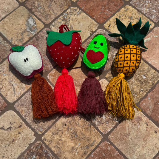 Fruit and veggie car tassel accessory | Strawberry, pineapple, avocado, and apple | Car decor | Handmade in Mexico